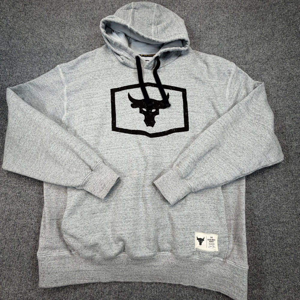 Under Armour Project Rock Warm Up Hoodie Mens 2XL Gray Brahma Bull Sweatshirt - Picture 2 of 10